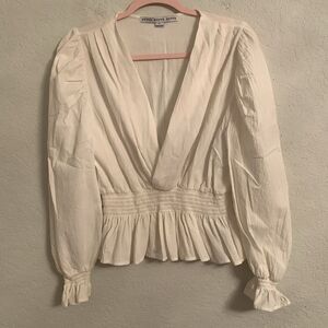 HYFVE White V-Neck Elastic Waist Ruffle Cotton Women's Top Size L